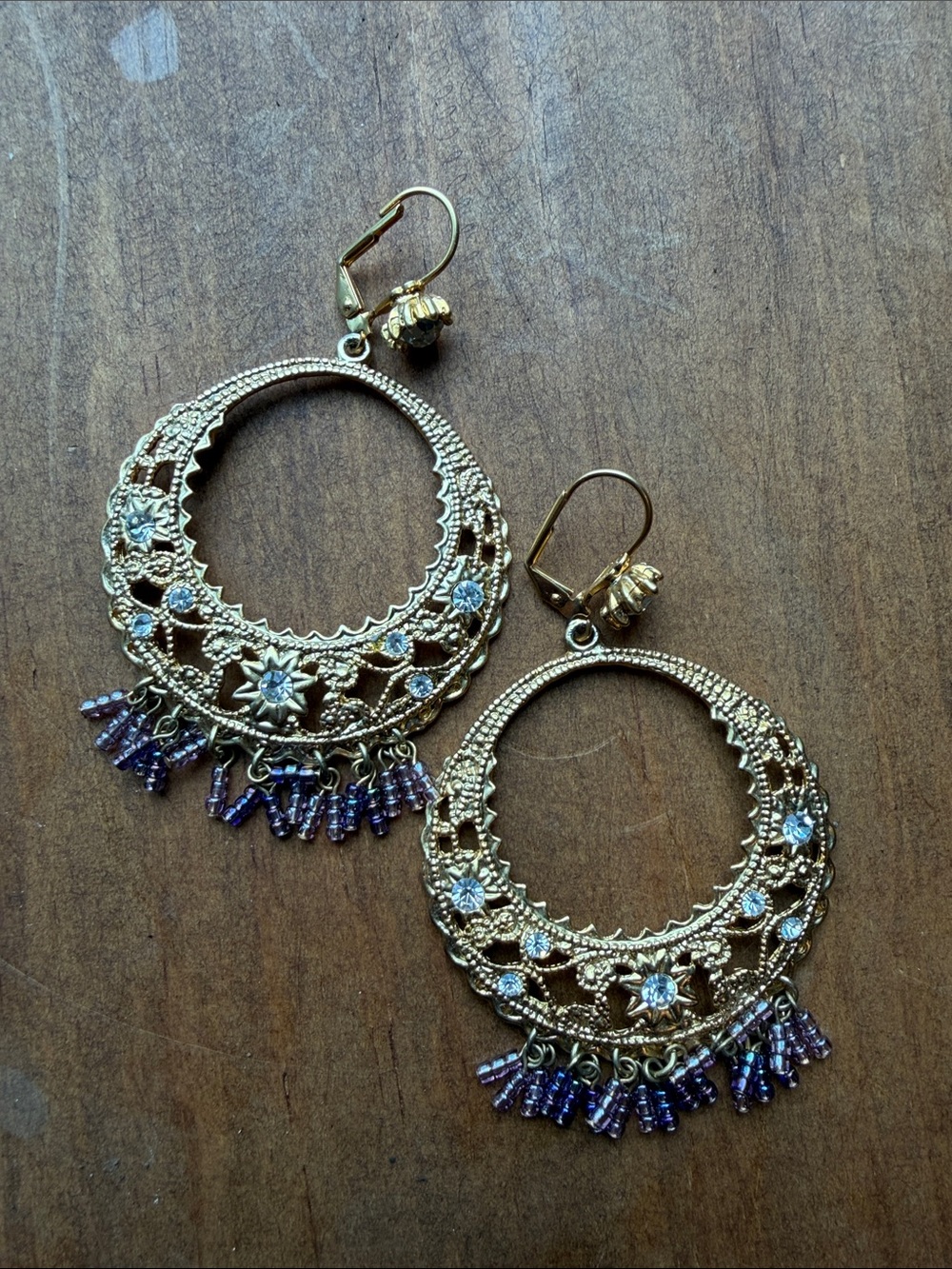 Gold Filigree Hoop Earrings with Purple Bead Fringe